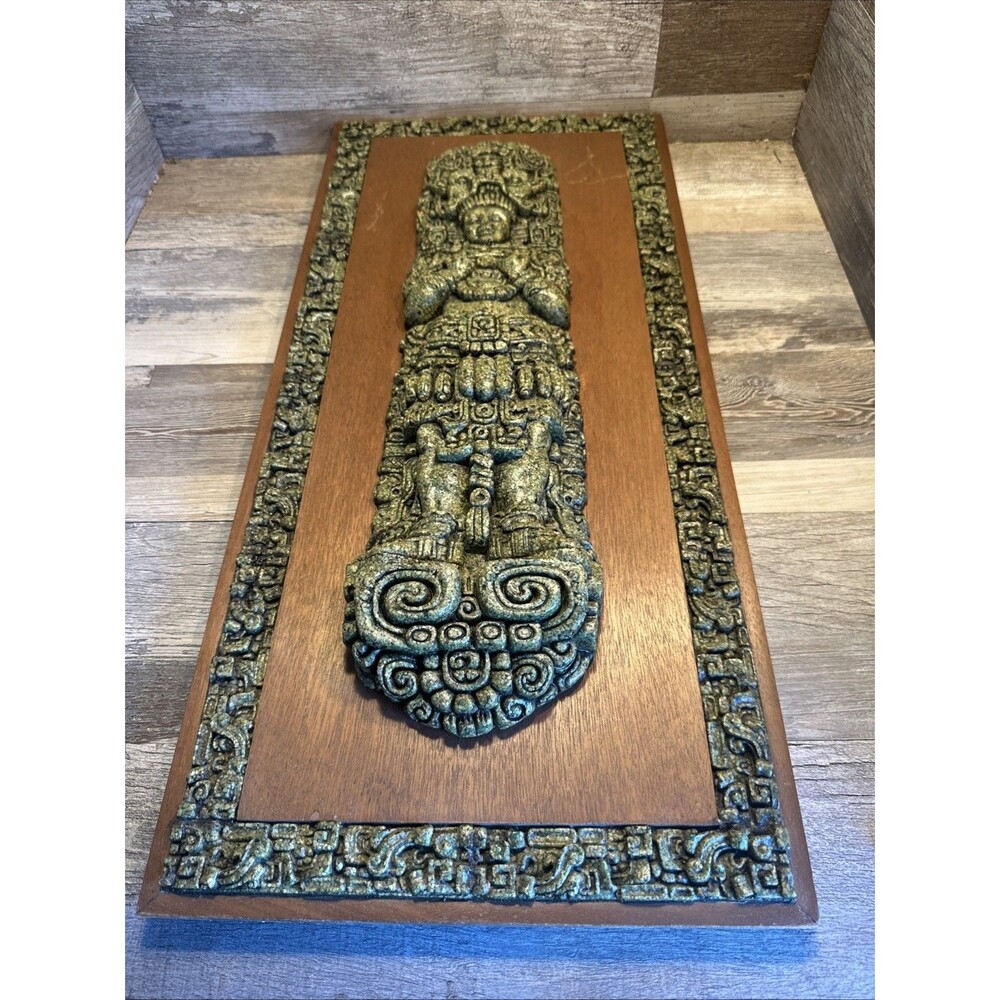 VINTAGE ORIGINAL ZAREBSKI MAYA ART GREEN STONE WOOD WALL PLAQUE STELAE MEXICO